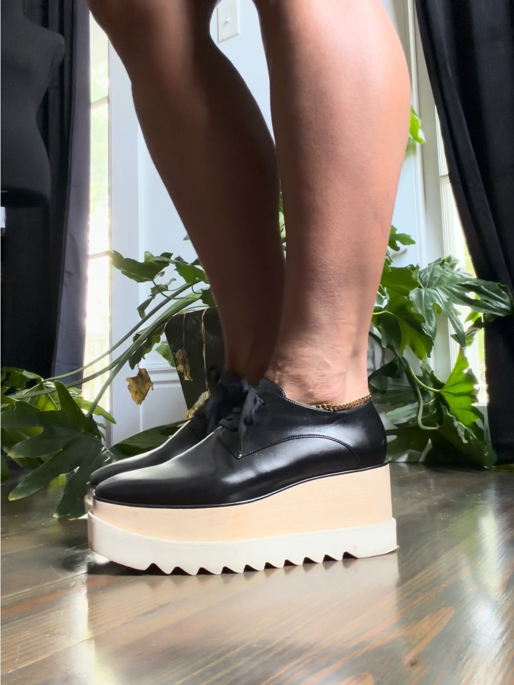 Stella McCartney Black Leather Lace-Up Platform Shoes with Cream Sole